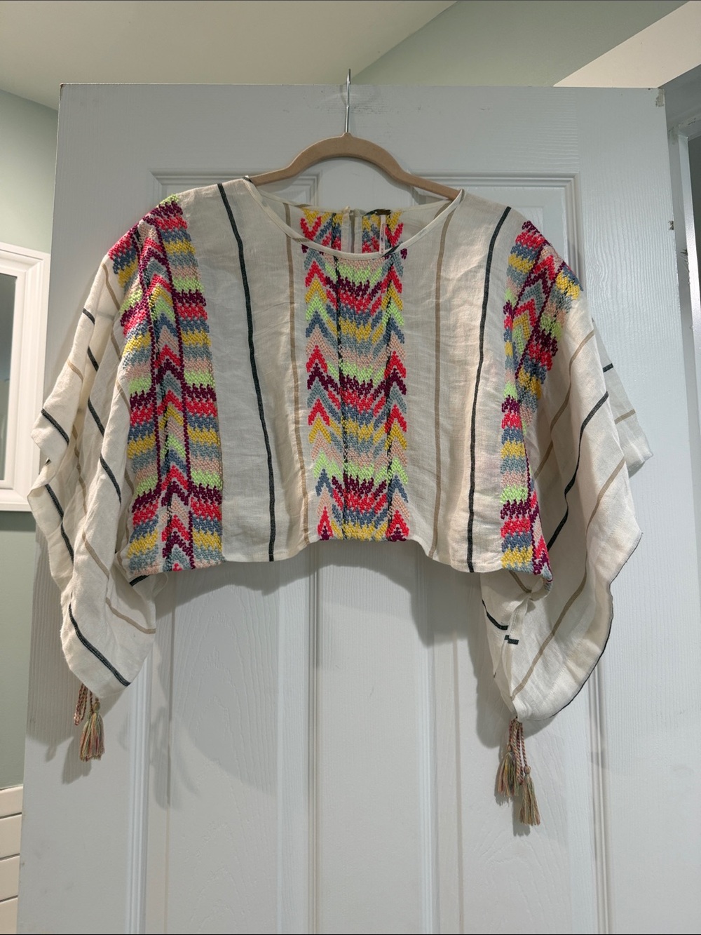 Free People Cream Cropped Boho Top with Neon Chevron Embroidery